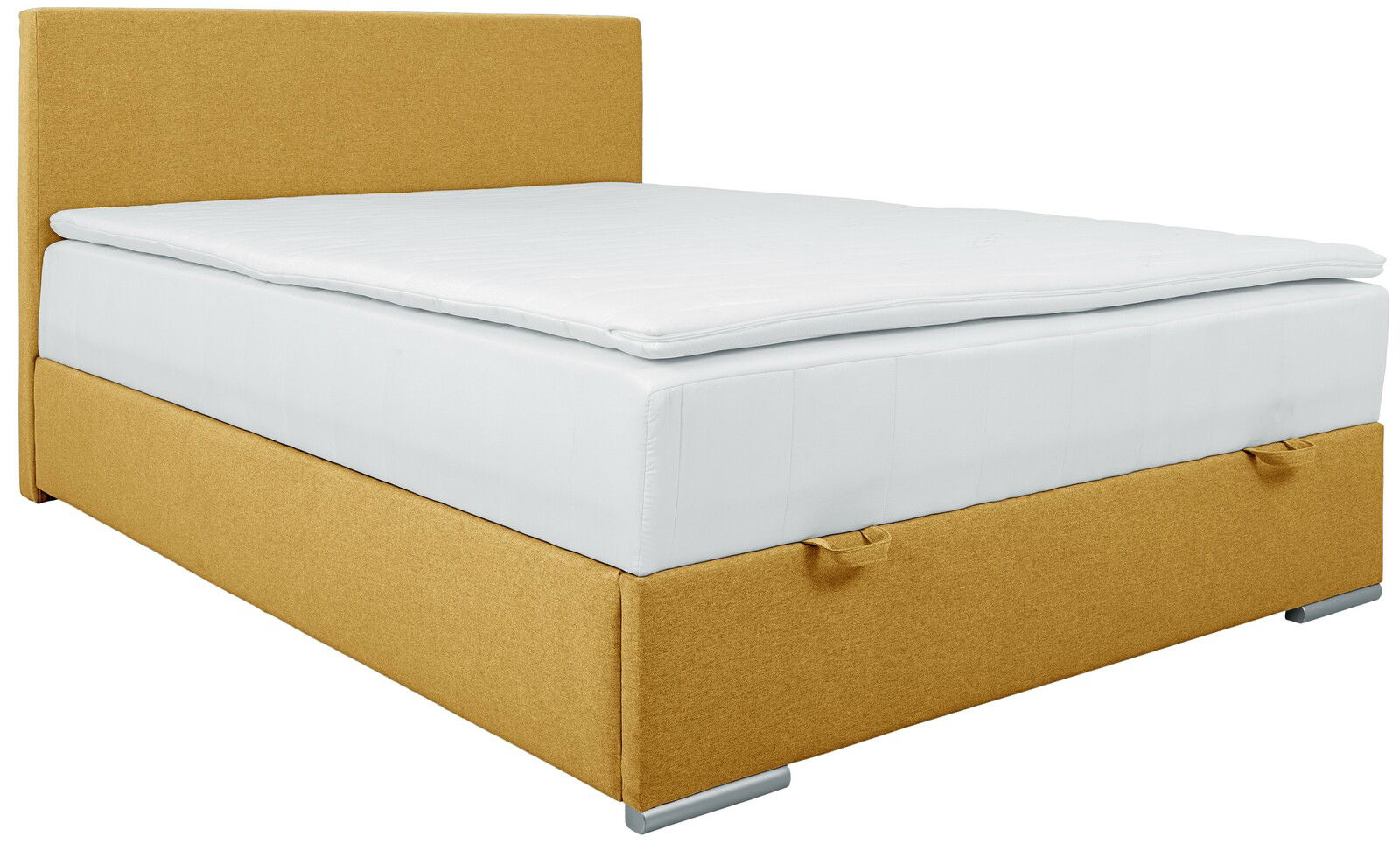 Boxbett 140 in gelber Farbe, seitliche Perspektive, mit weißer Matratze und Kopfteil.