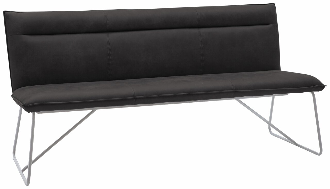 Moderne schwarze Bank mit Metallgestell, seitliche Perspektive