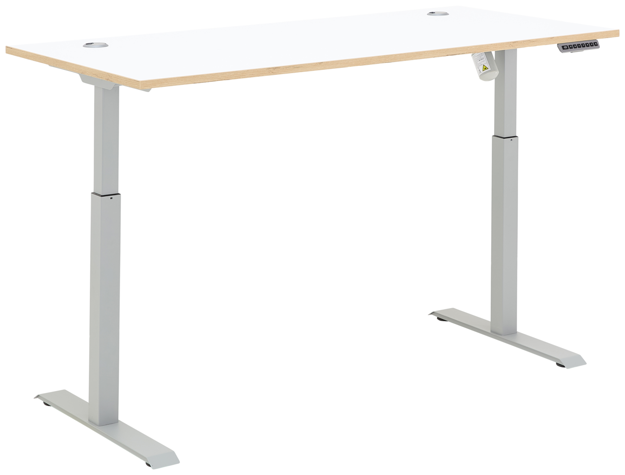 Moderner höhenverstellbarer E-Schreibtisch mit weißer Tischplatte und silbernen Beinen, seitliche Perspektive