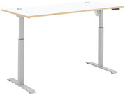 Moderner höhenverstellbarer E-Schreibtisch mit weißer Tischplatte und silbernen Beinen, seitliche Perspektive