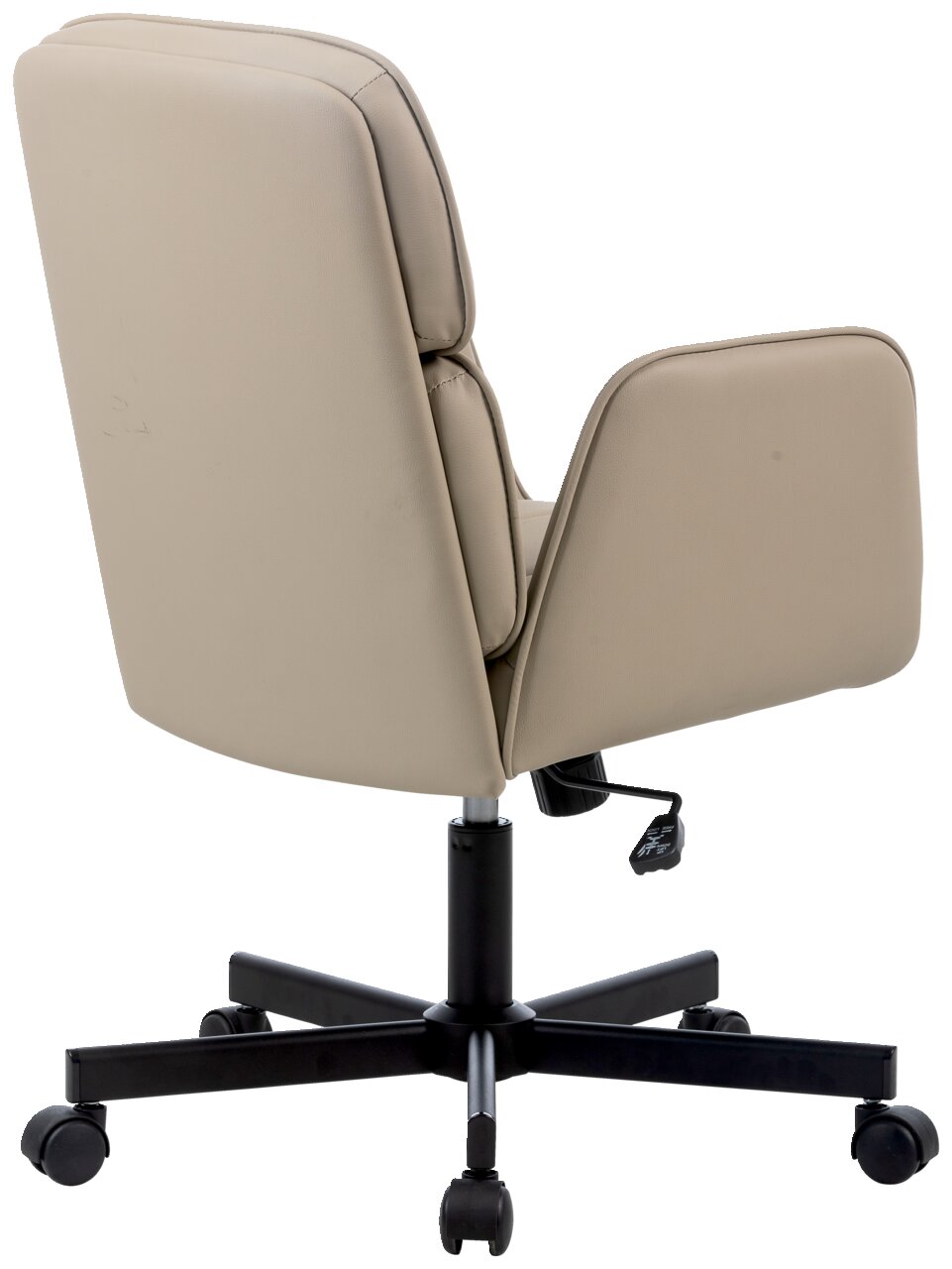 Rückansicht eines beigen Drehstuhls mit Armlehnen und schwarzem Fußkreuz auf Rollen.