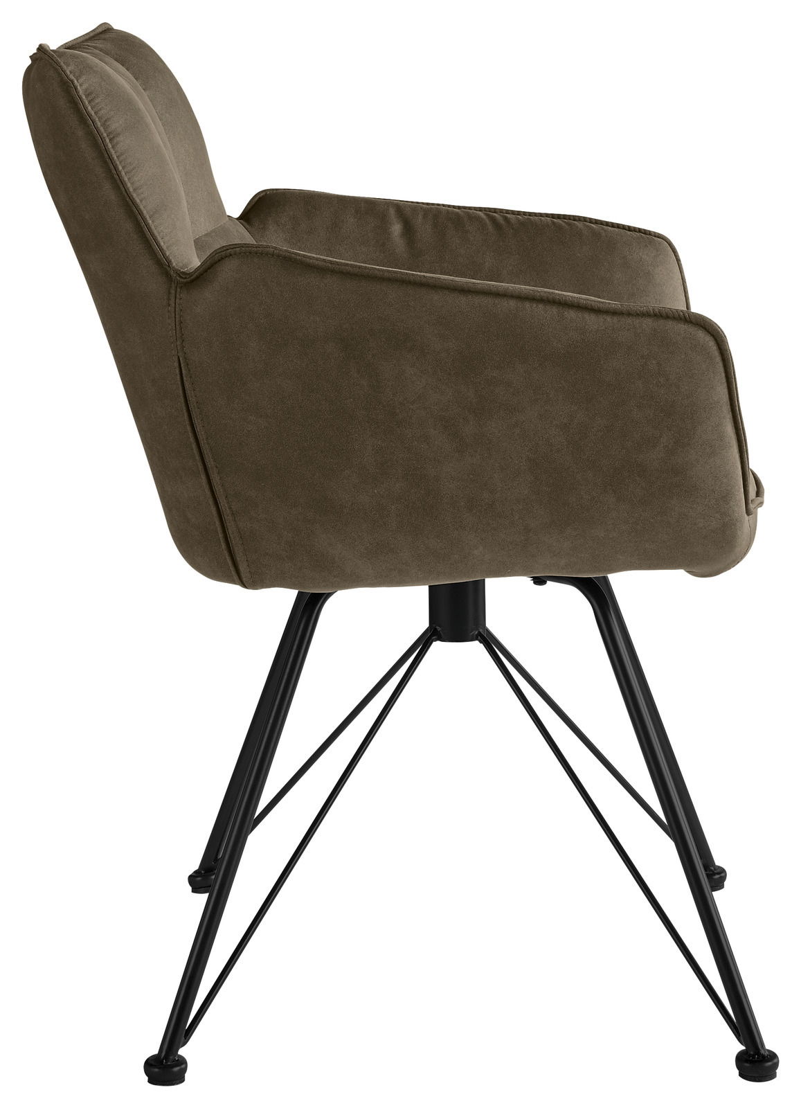 Seitenansicht eines Armlehnstuhls mit olivgrünem Stoffbezug und schwarzen Metallbeinen.