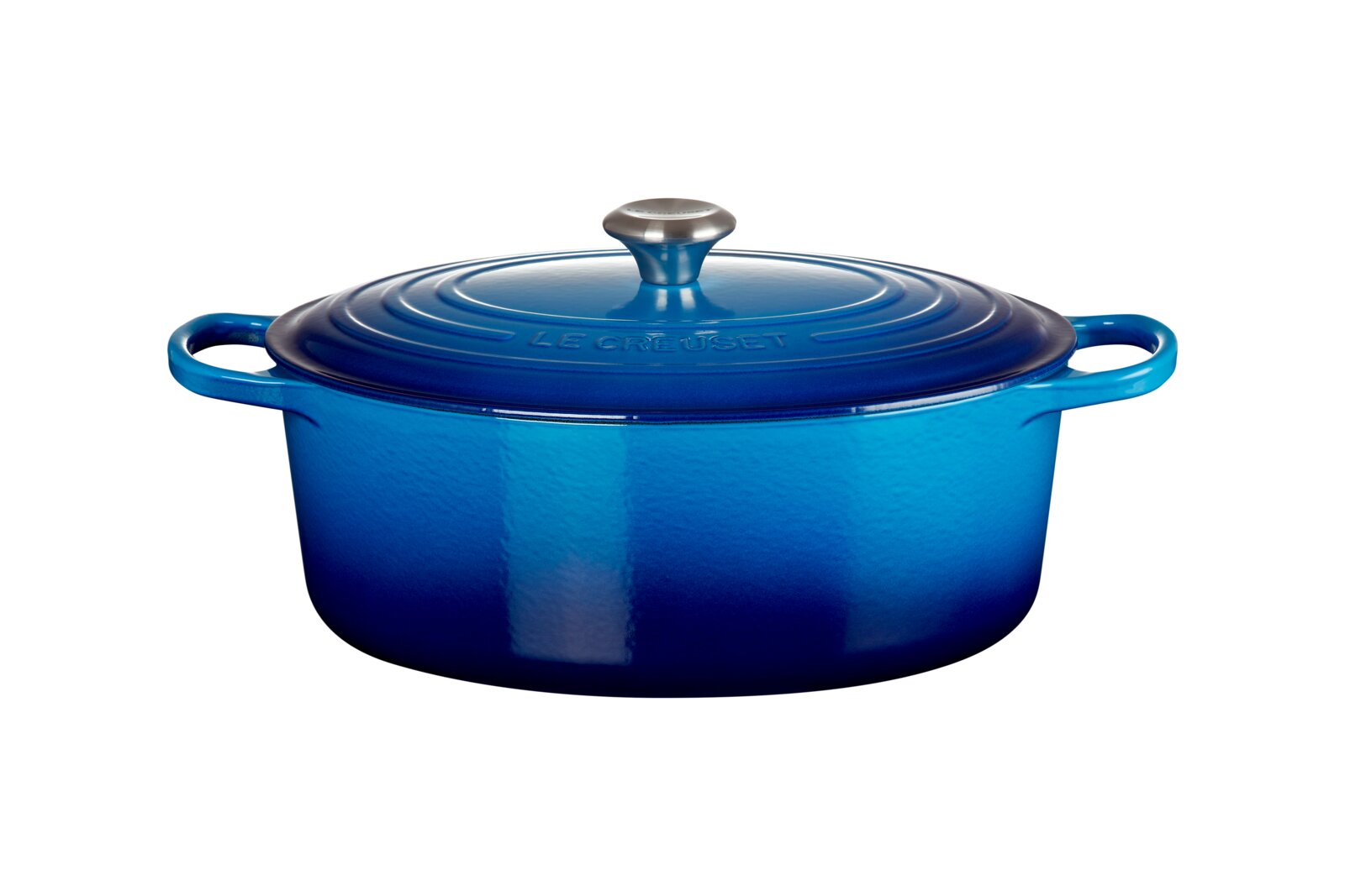 Ovaler Bräter in Azurblau mit Deckel und seitlichen Griffen, seitliche Perspektive