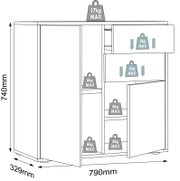 Technische Linienzeichnung eines Schranks/Sideboards mit zwei Türen und zwei Schubladen (offen), Maße ca. 790 x 329 x 740 mm, mit Traglastangaben (Deckplatte 17 kg, Schubladen 3 kg, Fächer 6 kg), dargestellt in frontaler Perspektive mit leichter Schrägans