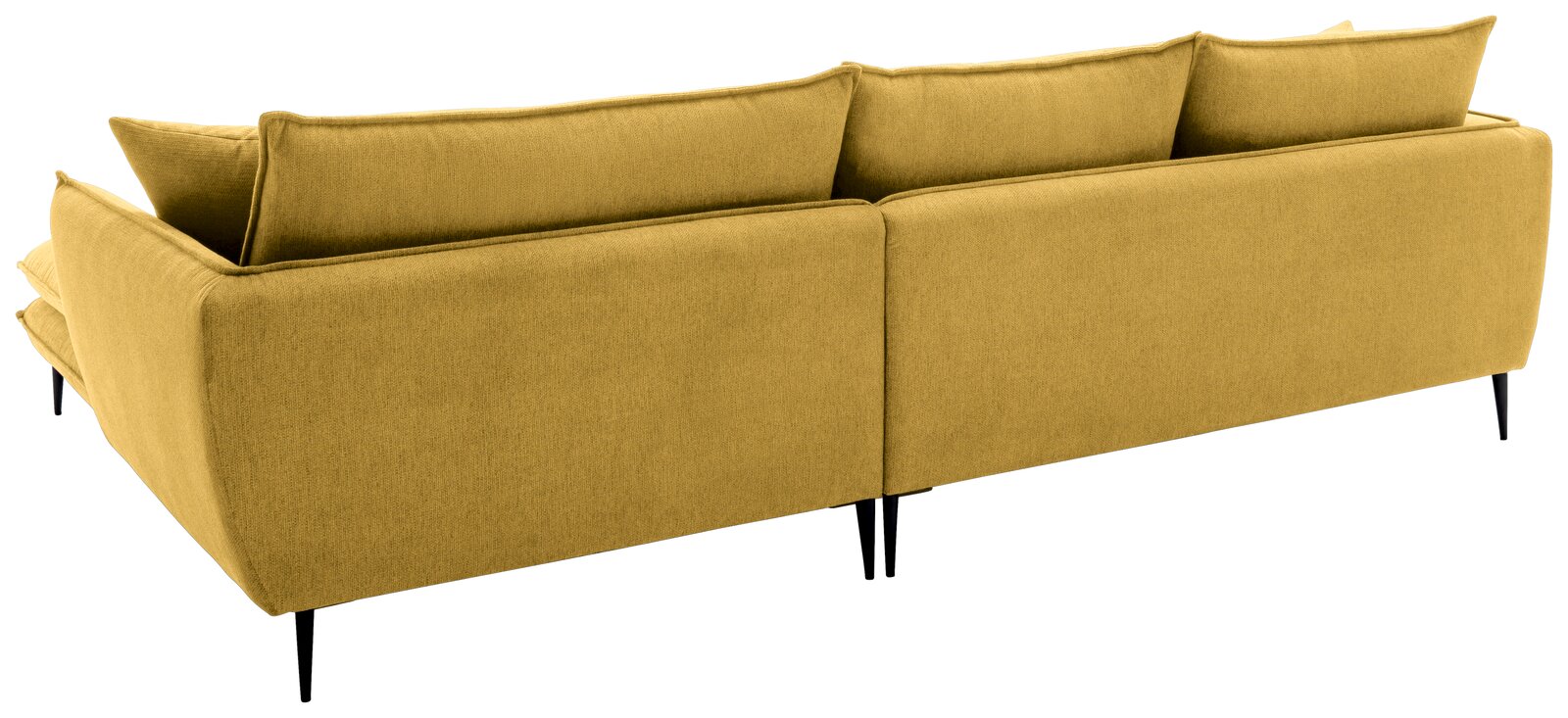 Senfgelbes, modernes 3-Sitzer-Sofa mit Stoffbezug, gerader Rückenlehne, losen Rückenkissen und schwarzen Metallfüßen, Ansicht von hinten schräg rechts.