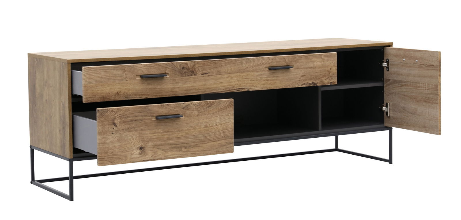 Moderne Wandkombination aus Holz mit zwei offenen Schubladen und einer geöffneten Tür, seitliche Perspektive