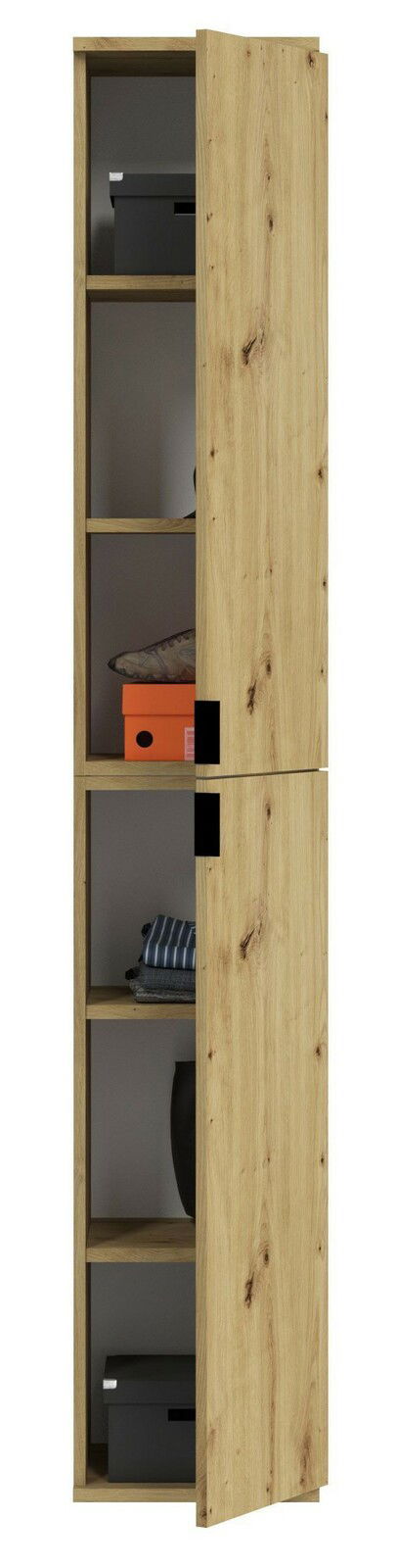 Schmaler Holzschrank mit teilweise geöffneter Tür, zeigt Regalböden mit Aufbewahrungsboxen und Kleidung, Frontalansicht.