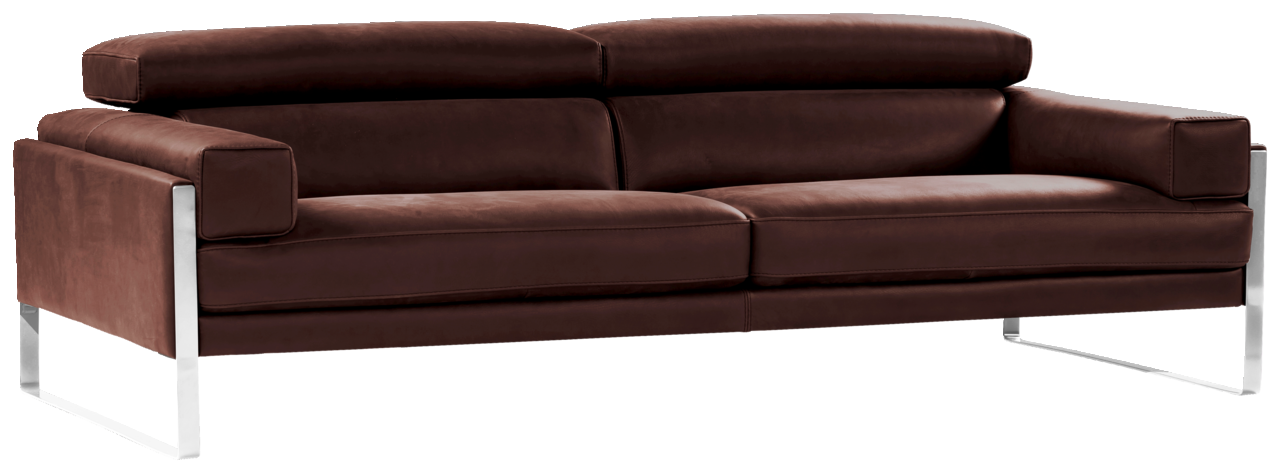 Braunes dreisitziges Sofa mit Metallbeinen, seitliche Perspektive