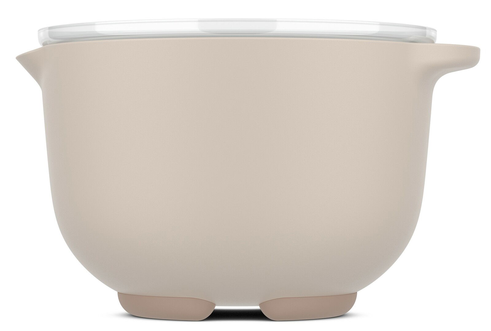 Beige Rührschüssel mit Deckel, seitliche Perspektive