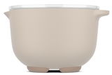 Beige Rührschüssel mit Deckel, seitliche Perspektive