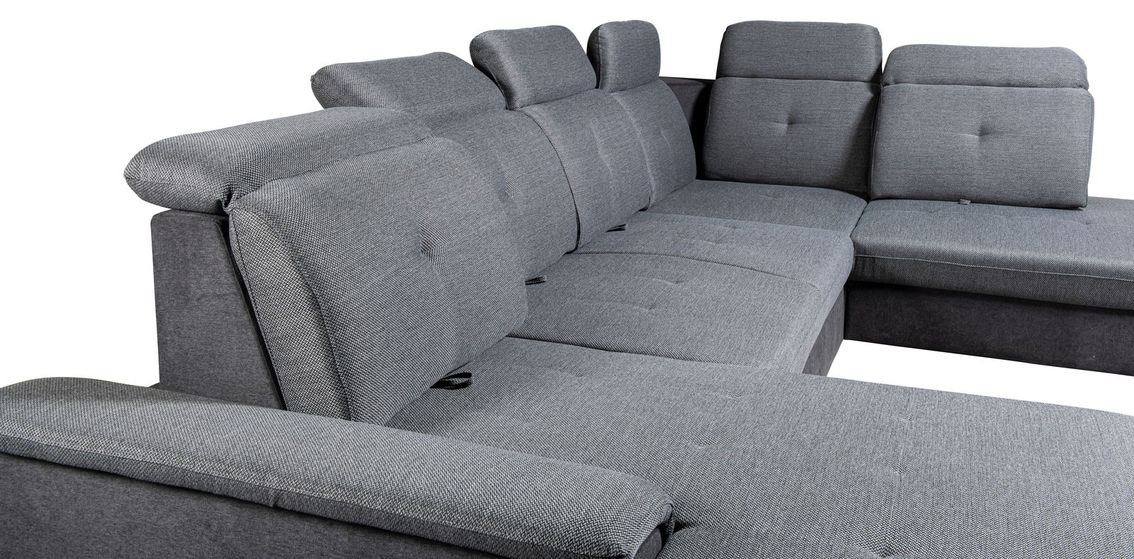 Graues Ecksofa mit verstellbaren Kopfstützen, Perspektive von der linken Seite