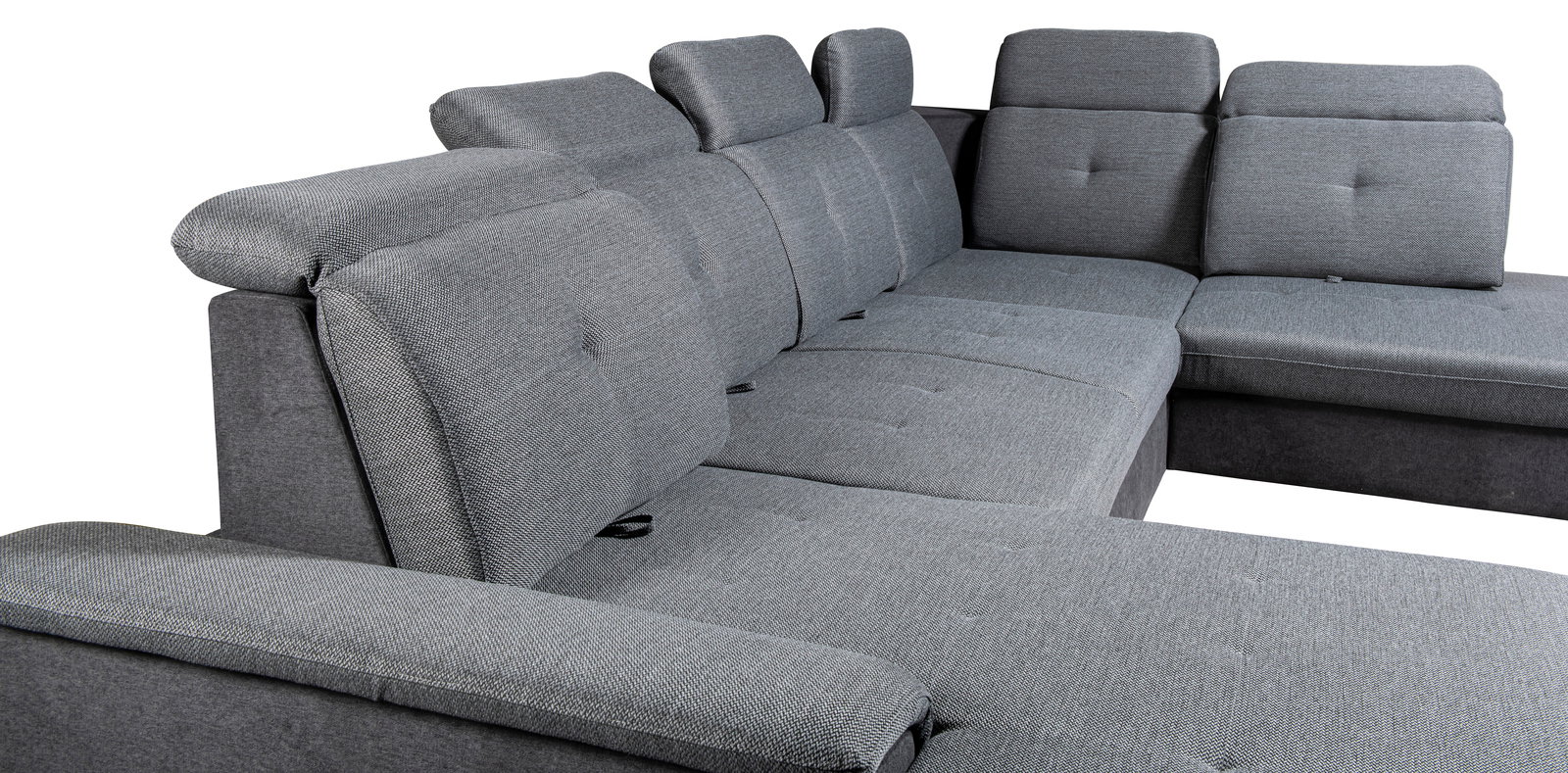 Graues Ecksofa mit verstellbaren Kopfstützen, Perspektive von der linken Seite