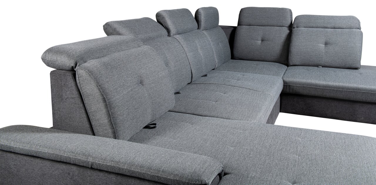 Graues Ecksofa mit verstellbaren Kopfstützen, Perspektive von der linken Seite