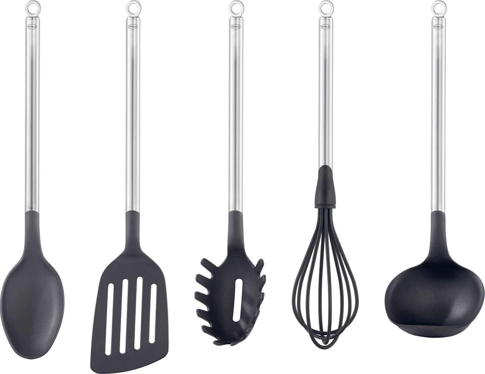 Fünfteiliges Küchenhelferset aus Edelstahl und schwarzem Kunststoff, bestehend aus Löffel, Pfannenwender, Spaghettilöffel, Schneebesen und Schöpflöffel, frontal abgebildet.