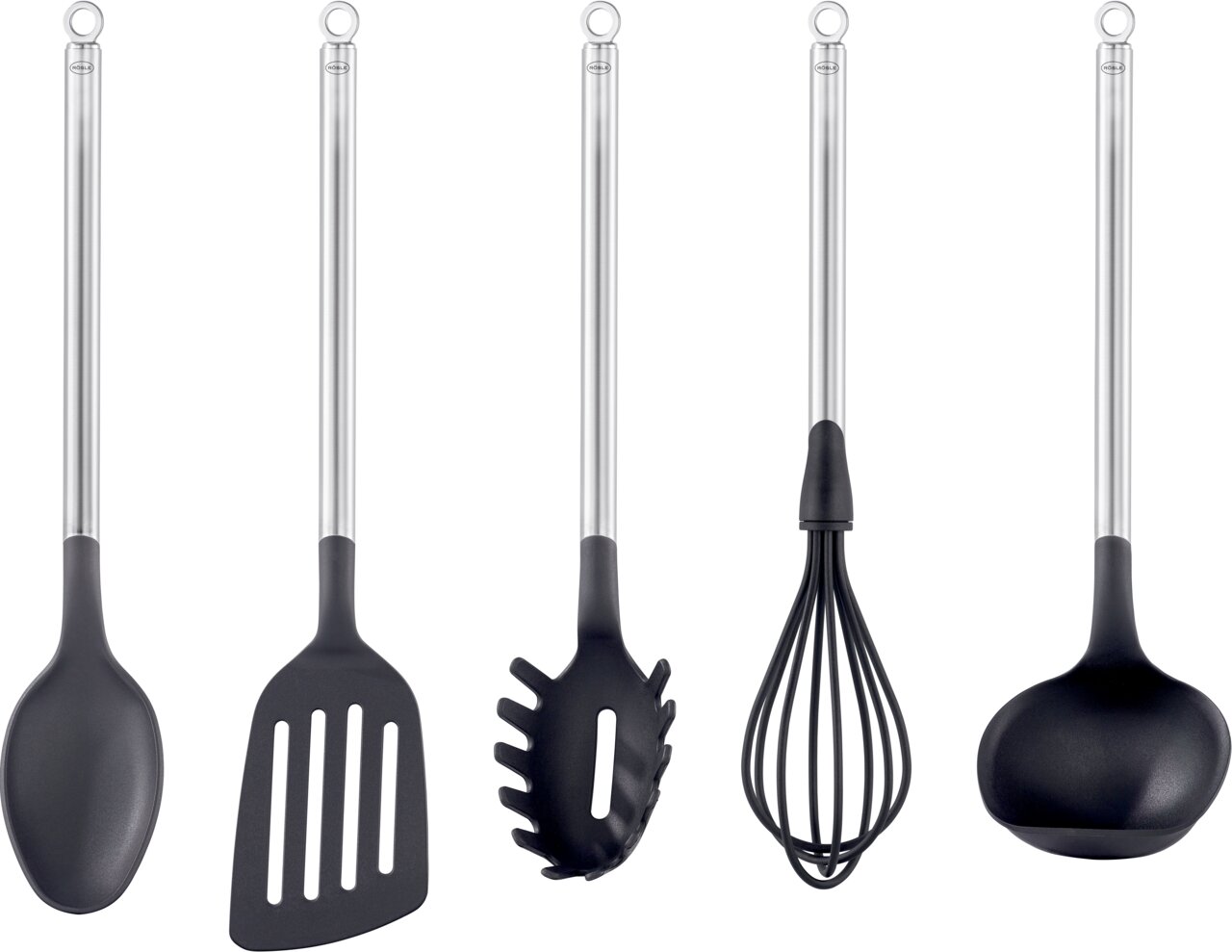 Fünfteiliges Küchenhelferset aus Edelstahl und schwarzem Kunststoff, bestehend aus Löffel, Pfannenwender, Spaghettilöffel, Schneebesen und Schöpflöffel, frontal abgebildet.