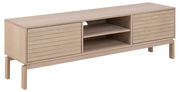 TV-Lowboard aus hellem Holz mit zwei Schranktüren und offenen Regalfächern, seitliche Perspektive