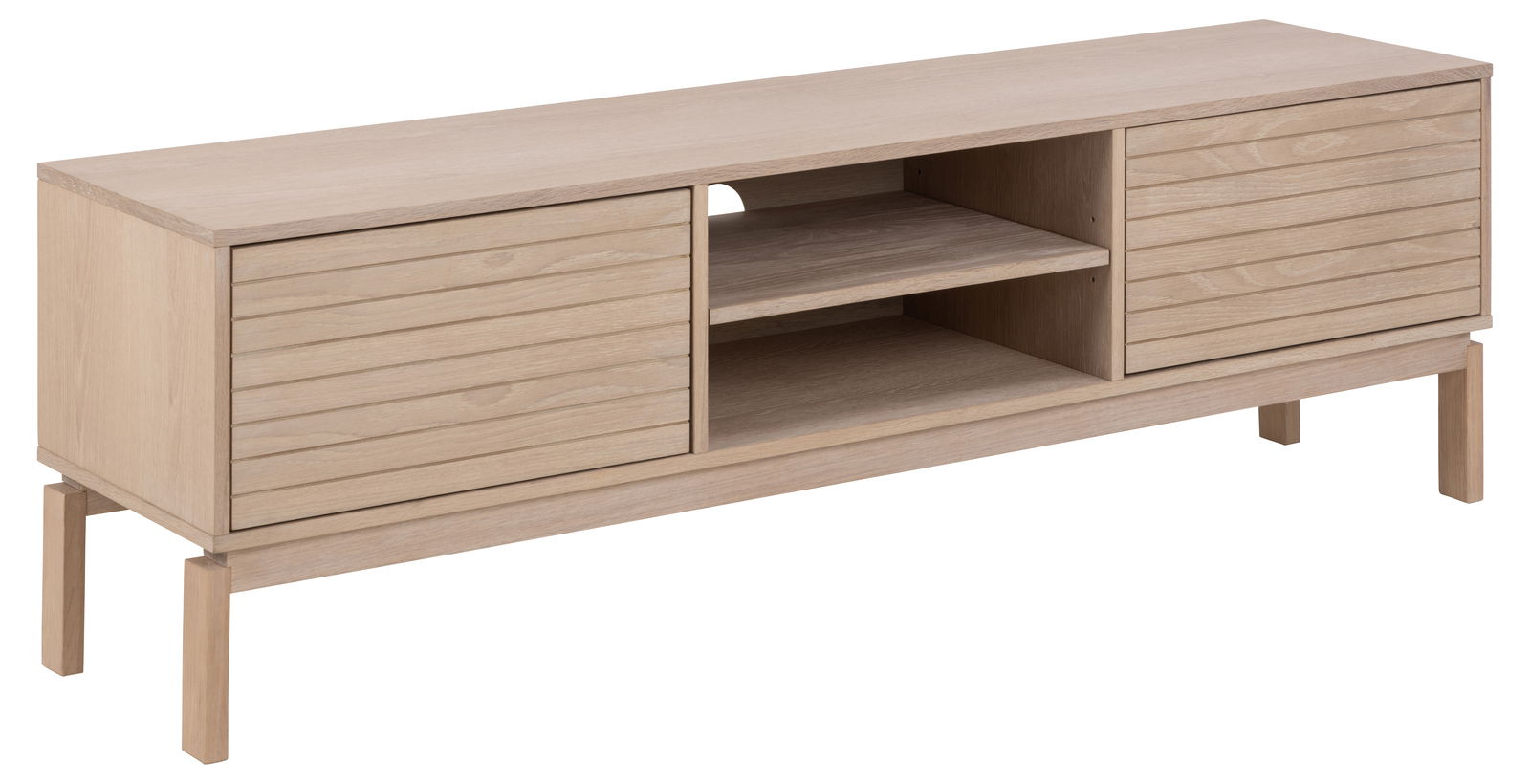 TV-Lowboard aus hellem Holz mit zwei Schranktüren und offenen Regalfächern, seitliche Perspektive
