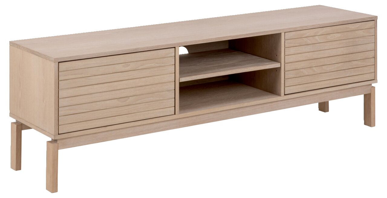 TV-Lowboard aus hellem Holz mit zwei Schranktüren und offenen Regalfächern, seitliche Perspektive