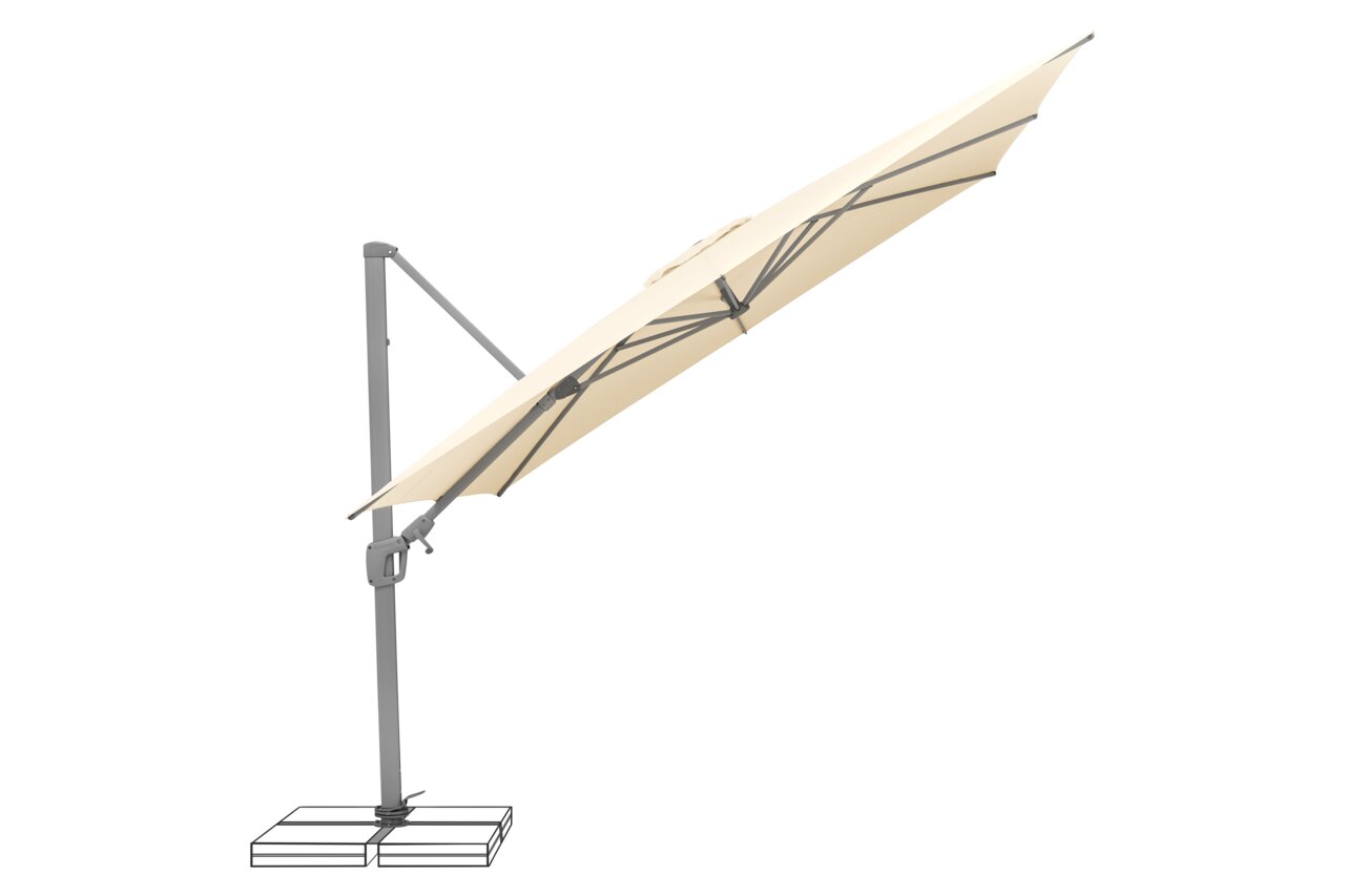 Zijaanzicht van een beige parasol met een stevig metalen frame en een vierkante voet.