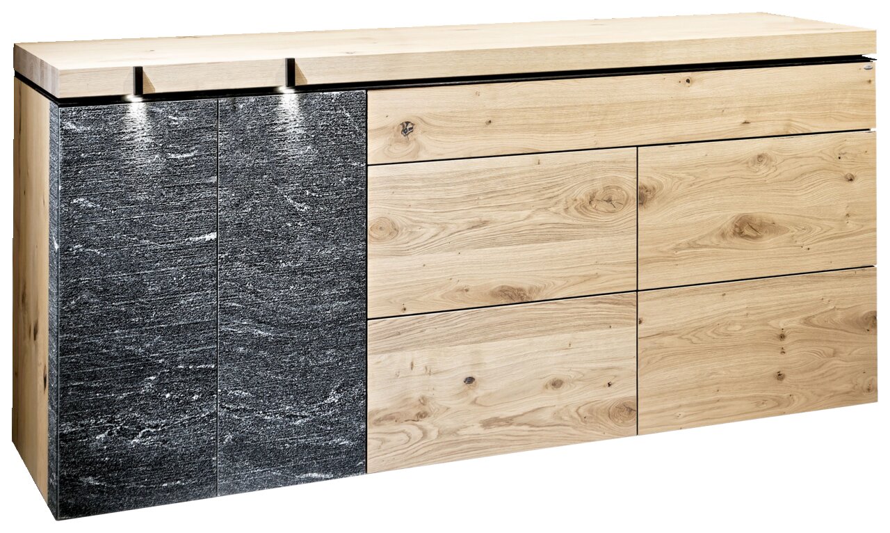 Voglauer Dressoir V-ROCK Modernes Sideboard aus Holz mit dunklen Steinakzenten, seitliche Perspektive