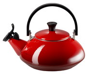 Roter Wasserkessel Zen mit schwarzem Griff, seitliche Perspektive