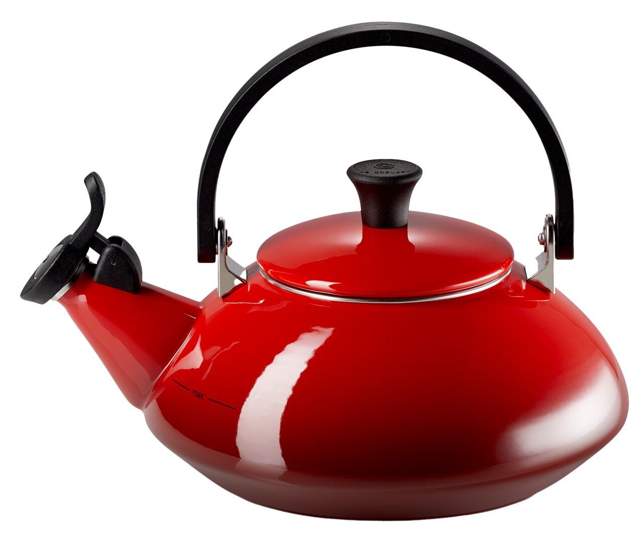 Roter Wasserkessel Zen mit schwarzem Griff, seitliche Perspektive