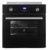 Schwarzer Einbaubackofen mit digitalem Display und zwei Drehknöpfen, Frontansicht