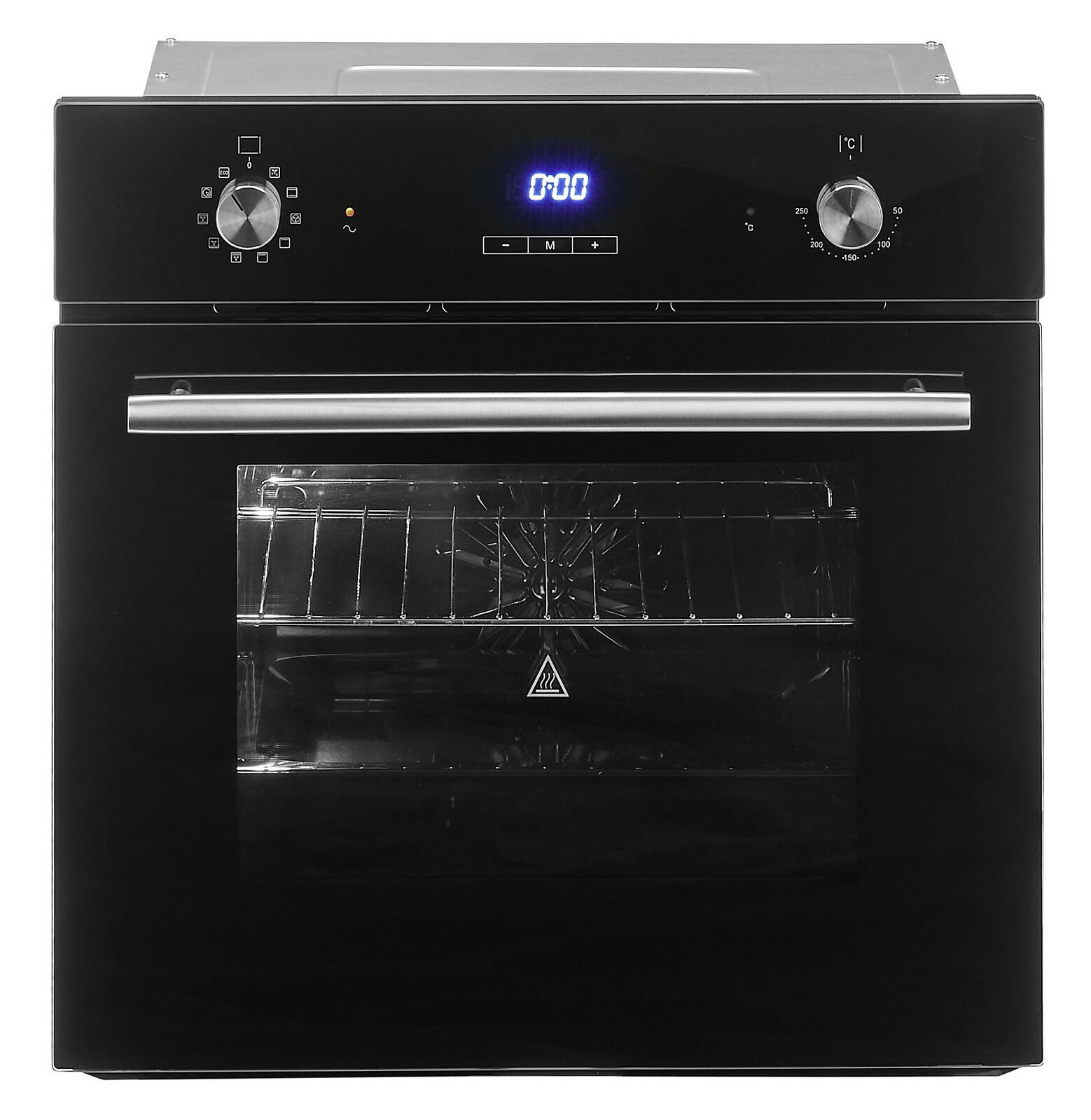 Schwarzer Einbaubackofen mit digitalem Display und zwei Drehknöpfen, Frontansicht