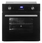 Schwarzer Einbaubackofen mit digitalem Display und zwei Drehknöpfen, Frontansicht