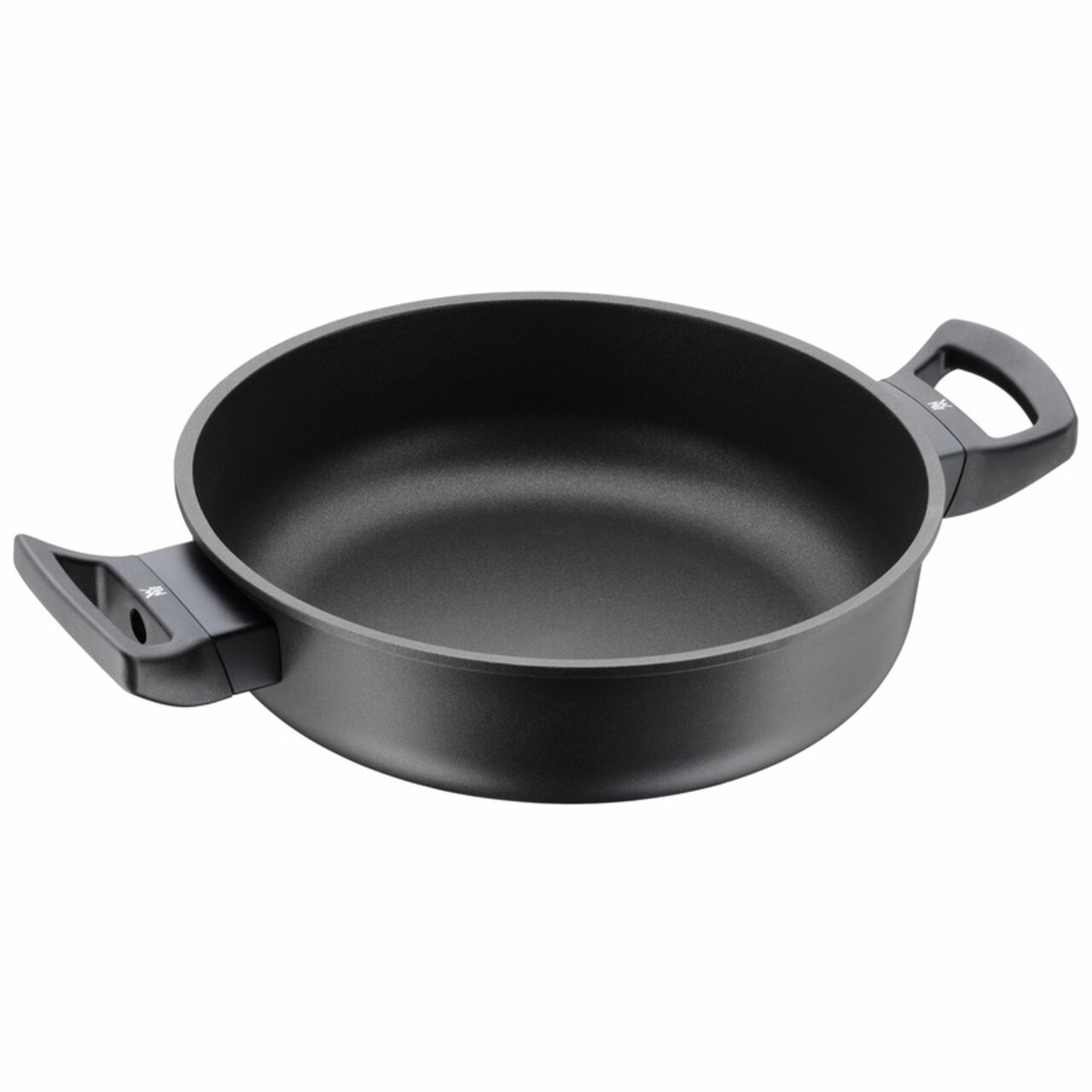 Schwarze Servierpfanne PermaDur Excelle mit zwei Griffen, Ansicht von oben.
