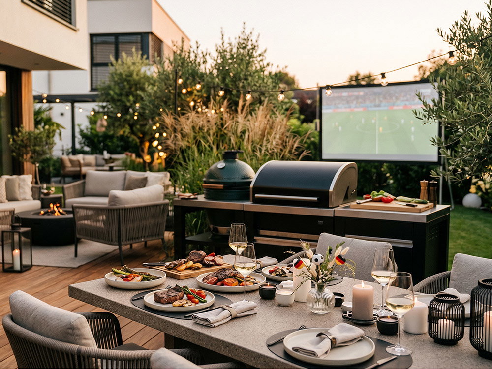 Stilvolle Outdoor-Küche mit Grill, gedecktem Esstisch und gemütlicher Lounge auf moderner Terrasse bei sommerlicher Abendstimmung zur WM.