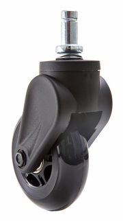 Nahaufnahme einer schwarzen Hartbodenrolle mit Metallstift, seitliche Perspektive