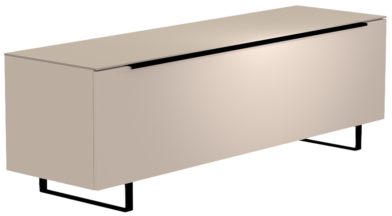 Modernes TV-Lowboard der Serie BORMIO in Beige mit schwarzem Metallgestell, seitliche Perspektive