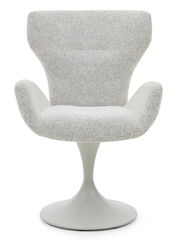 Moderner Armlehnstuhl mit grauem Stoffbezug und elegantem, drehbarem Fuß, Frontalansicht.