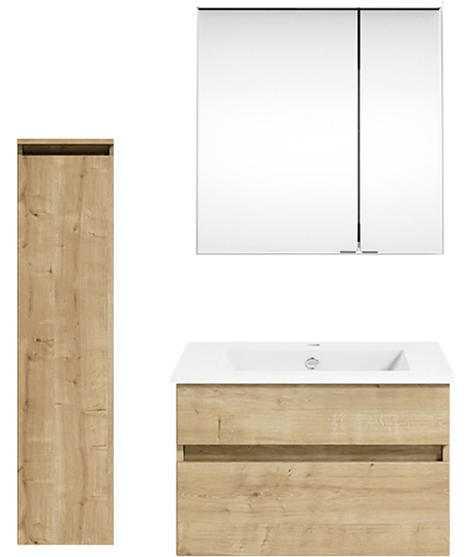 Puris Badkombination GET2YOU 21 Frontale Ansicht einer Badkombination mit Holzoptik, bestehend aus einem hohen Schrank, einem Waschbeckenunterschrank und einem Spiegelschrank.