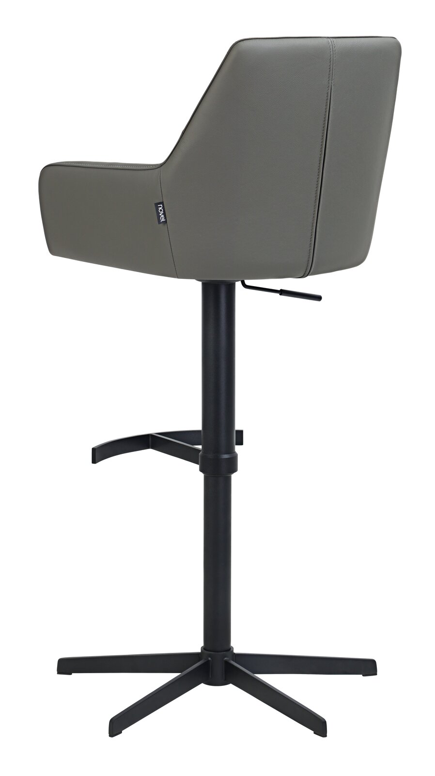 Rückansicht eines modernen Barhockers mit grauem Sitz und schwarzem Metallgestell