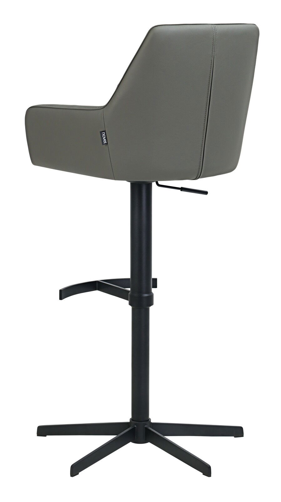 Rückansicht eines modernen Barhockers mit grauem Sitz und schwarzem Metallgestell