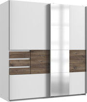 Schwebetürenschrank mit zwei Türen, einer davon mit Spiegel, in Holz- und Weißoptik, frontale Ansicht.