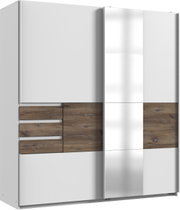 Schwebetürenschrank mit zwei Türen, einer davon mit Spiegel, in Holz- und Weißoptik, frontale Ansicht.