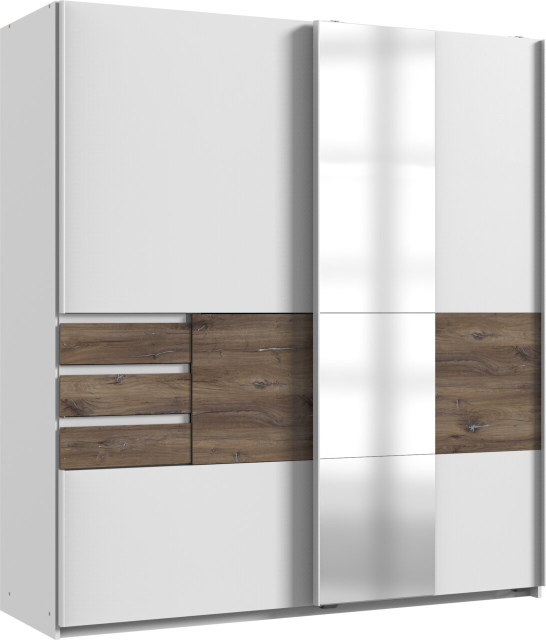 Z2 Schwebetürenschrank 2trg. BAMBERG Schwebetürenschrank mit zwei Türen, einer davon mit Spiegel, in Holz- und Weißoptik, frontale Ansicht.