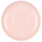 Kleine roze schotel van 12 cm, gezien van bovenaf, met een geribbeld randpatroon.