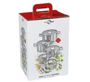 Verpackung des Topfsets San Remo 5-tlg. von KÜCHENPROFI, schräg von vorne fotografiert, zeigt fünf glänzende Edelstahltöpfe mit Deckeln, umgeben von frischem Gemüse.