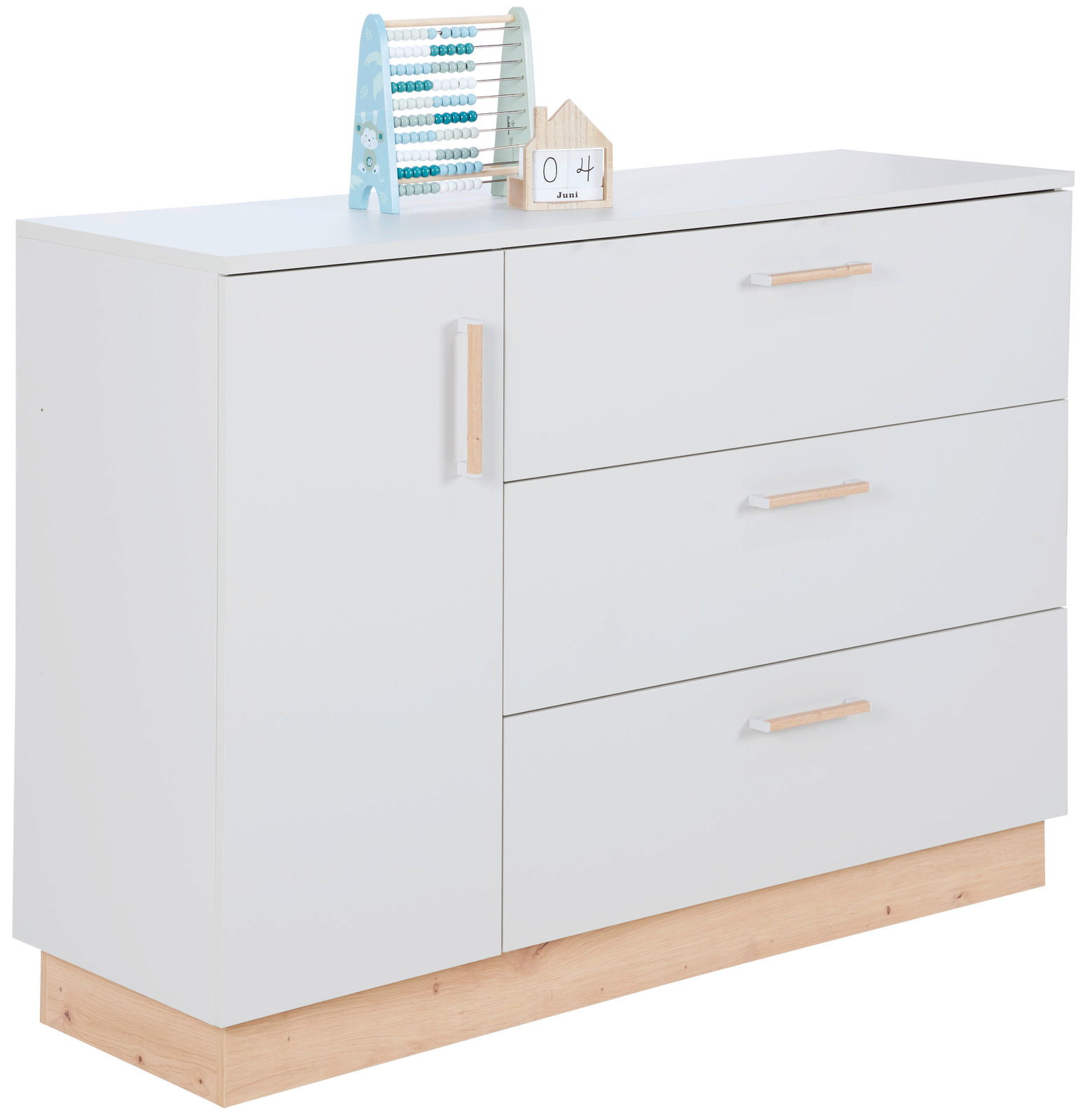 Weiße Wickelkommode mit drei Schubladen und einer Tür, seitliche Perspektive