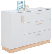 Weiße Wickelkommode mit drei Schubladen und einer Tür, seitliche Perspektive