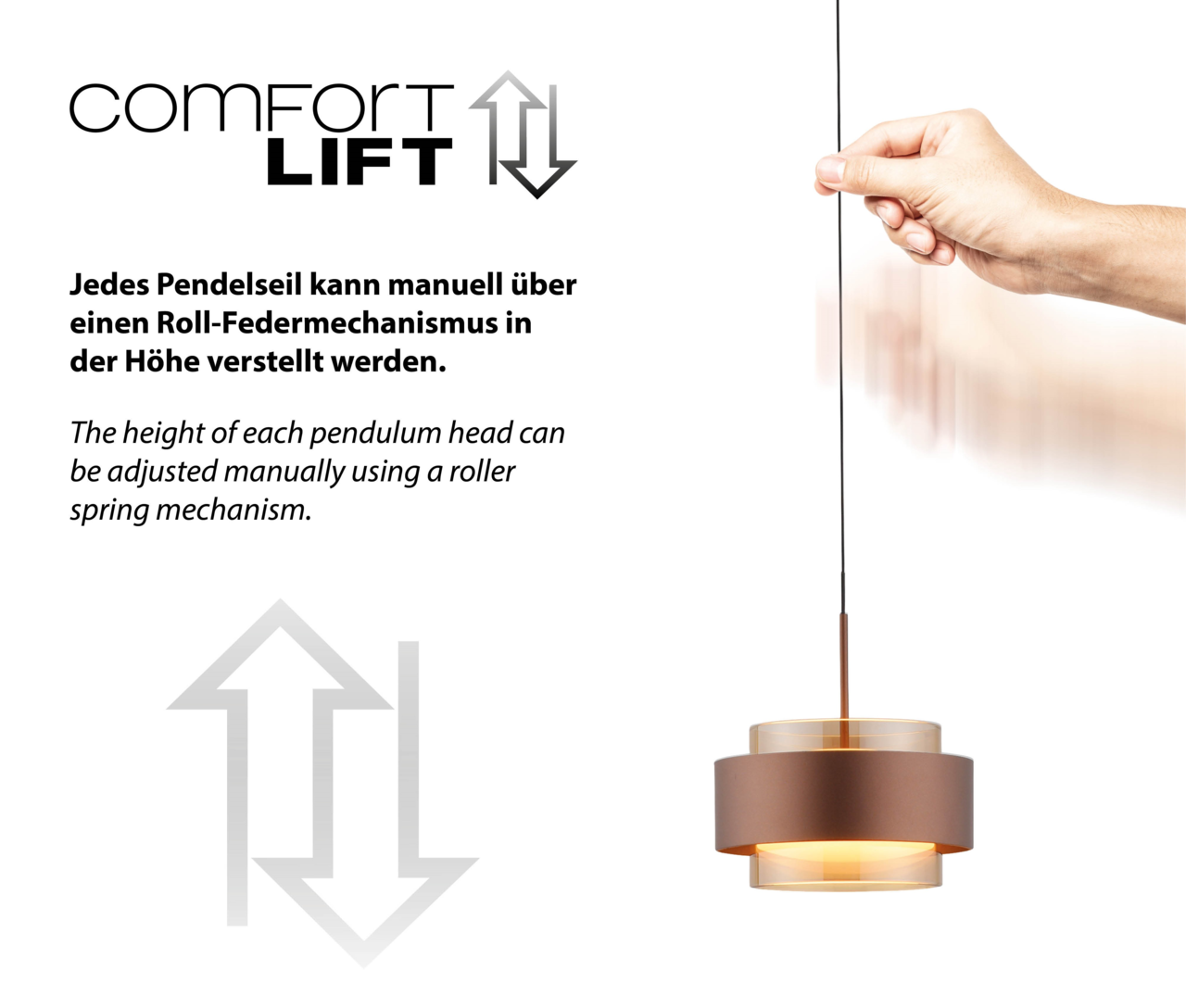 LED-Hängeleuchte mit manuell verstellbarem Pendelseil, seitliche Perspektive