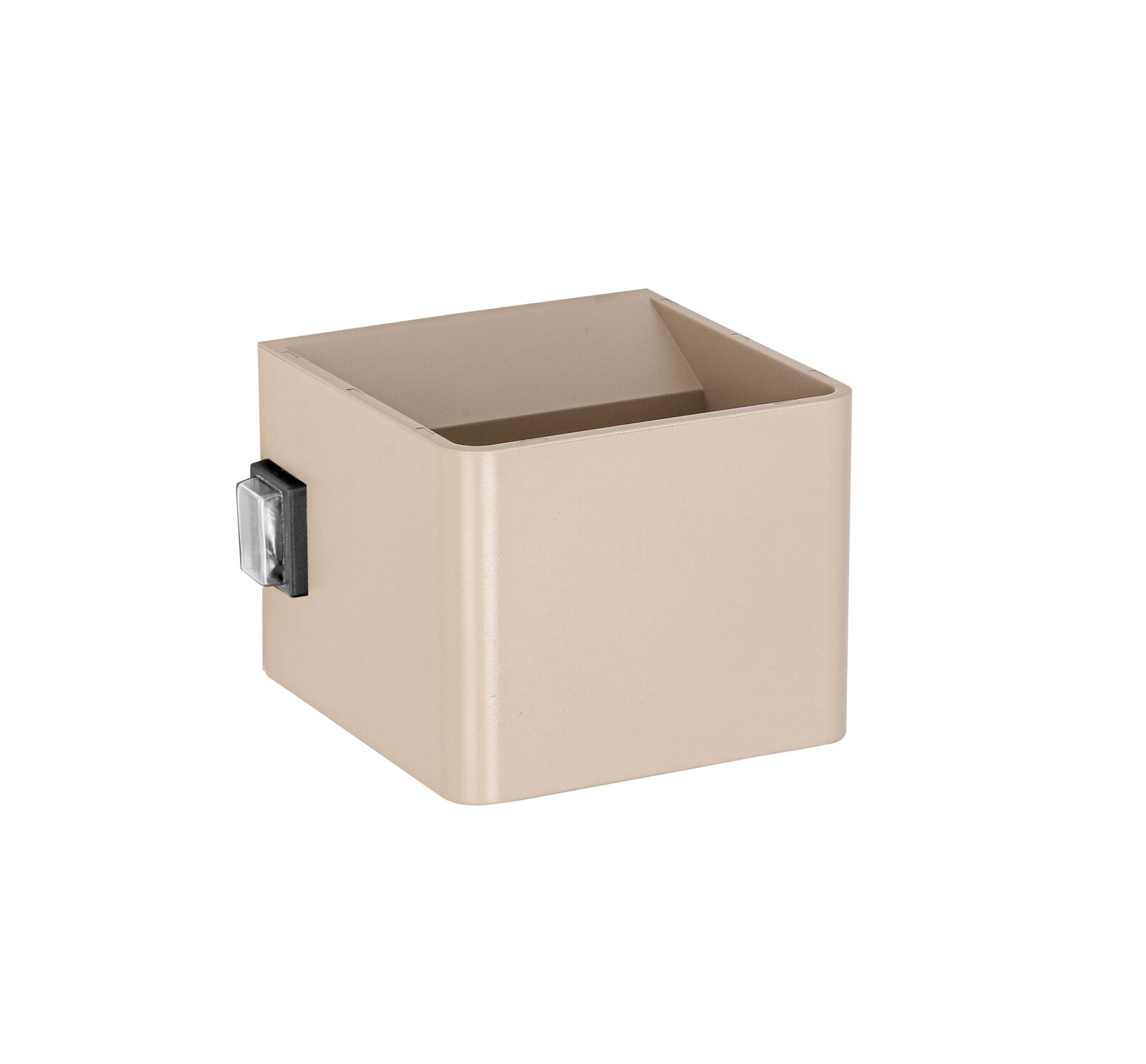 Beige Akku-Wandleuchte in quadratischer Form, seitliche Perspektive