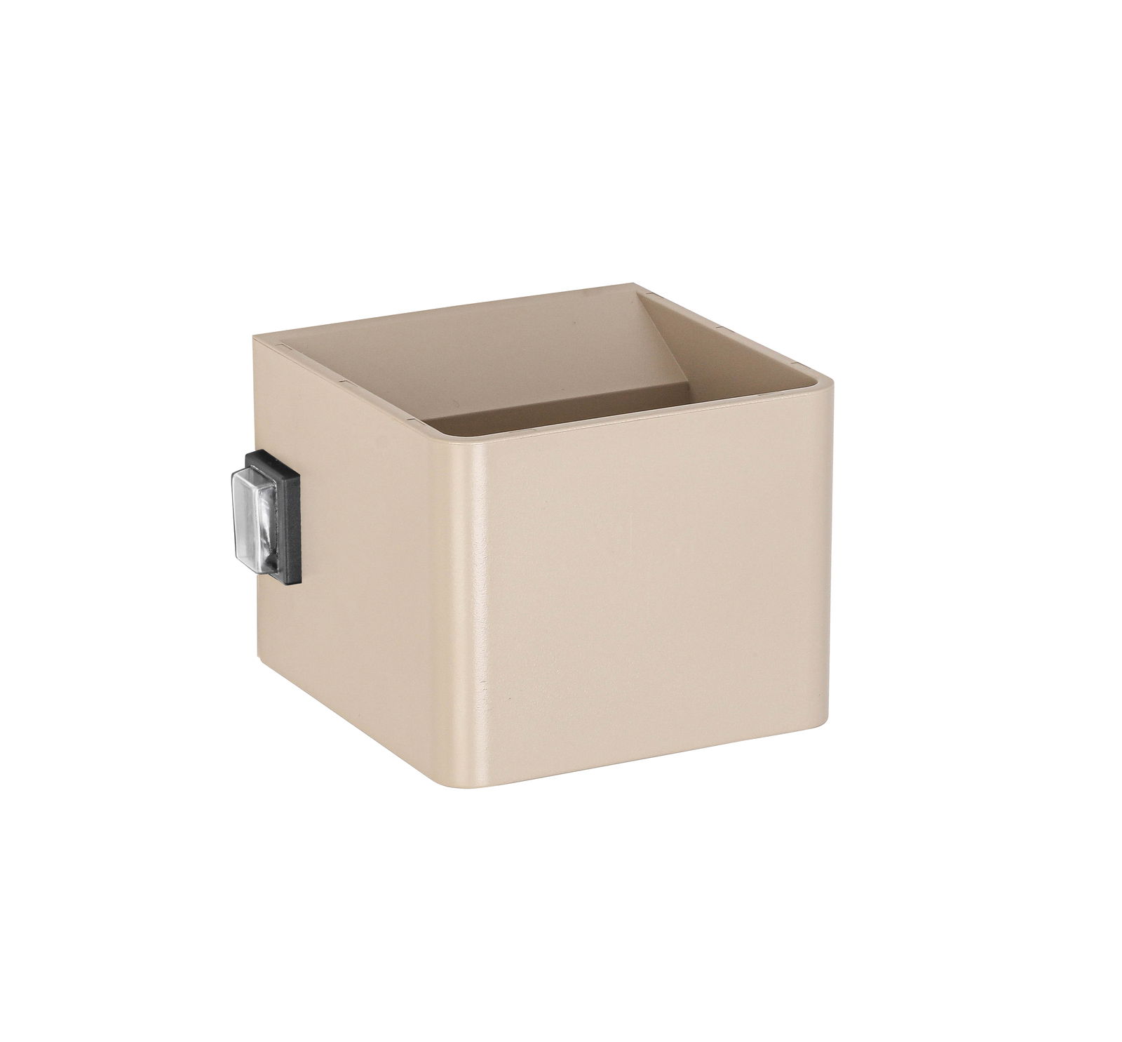 Beige Akku-Wandleuchte in quadratischer Form, seitliche Perspektive