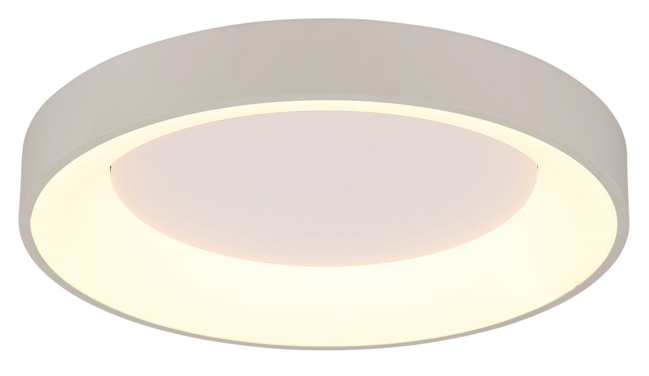Runde LED-Deckenleuchte in Seitenansicht mit weißem Gehäuse und leuchtendem Rand