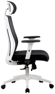 Moderner Drehstuhl mit ergonomischer Rückenlehne und Kopfstütze, seitliche Perspektive