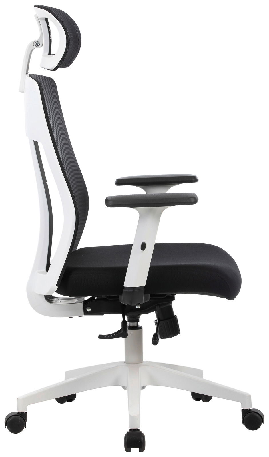 Moderner Drehstuhl mit ergonomischer Rückenlehne und Kopfstütze, seitliche Perspektive